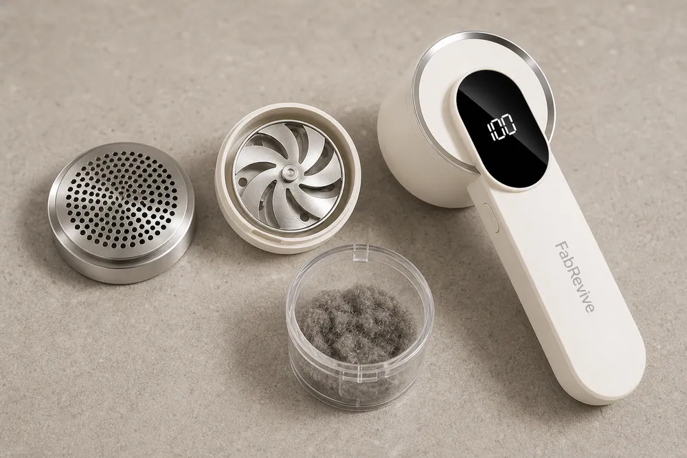 FabRevive taken apart: perforated stainless guard, spiral blade and lint chamber
